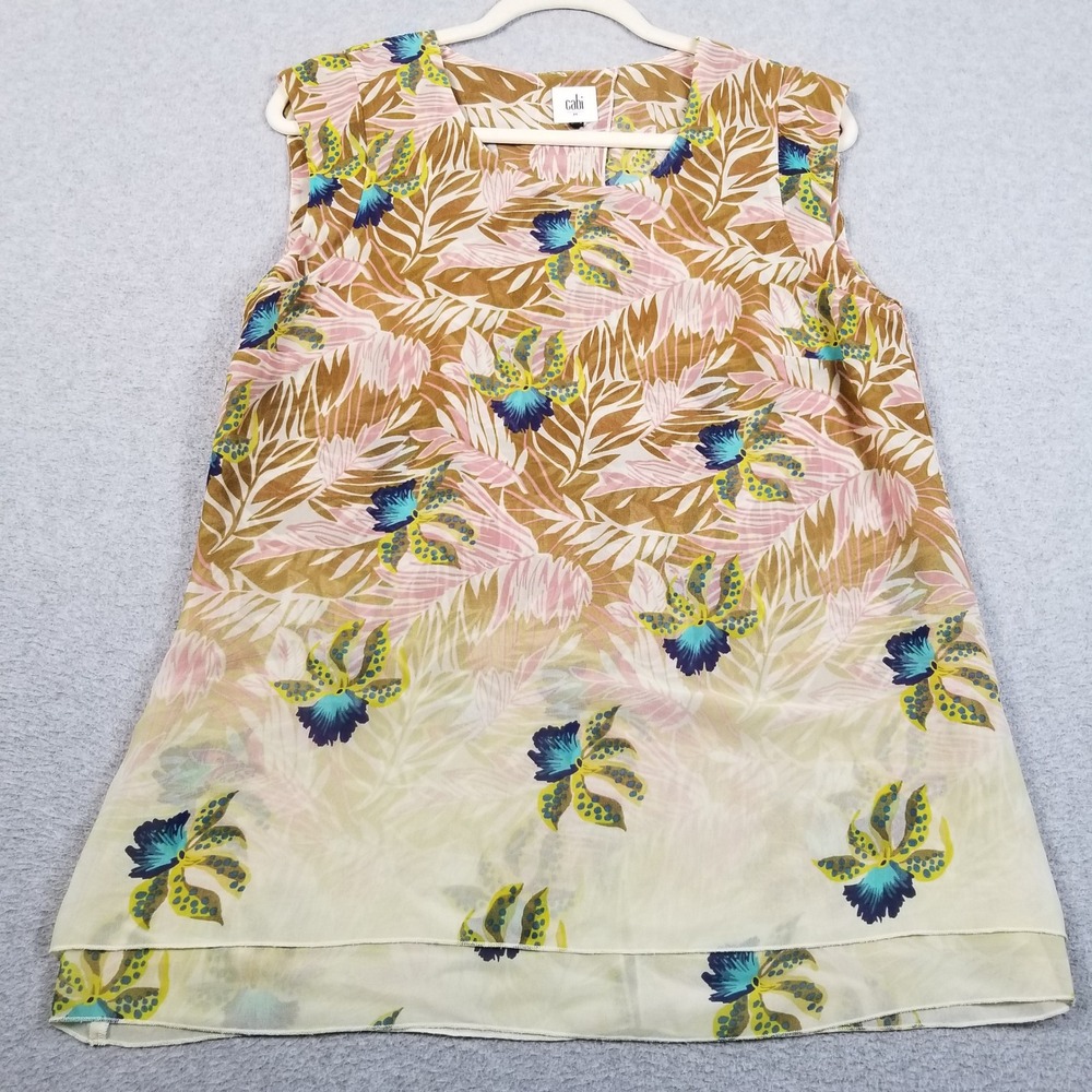 Cabi Top Womens M Medium Tropical Floral Parlor Sleeveless Slit Back Sheer 5216